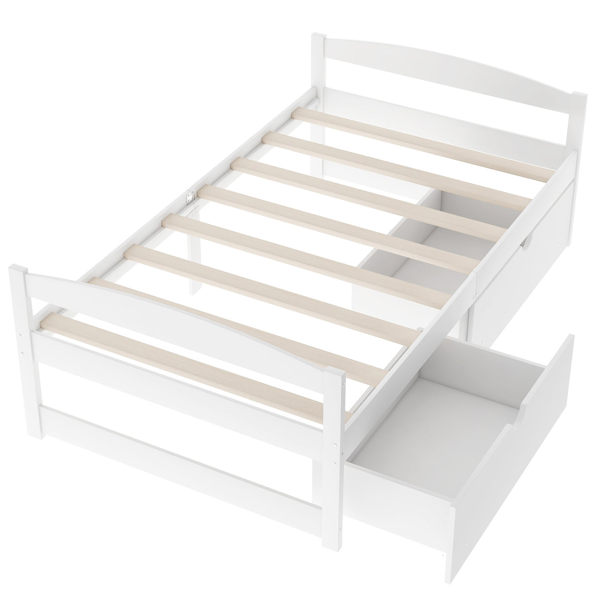 White Twin Size Platform Bed with Two Drawers, Pine Wood and MDF, 77.1''L x 40.7''W x 23.1''H - Grand Goldman Shop