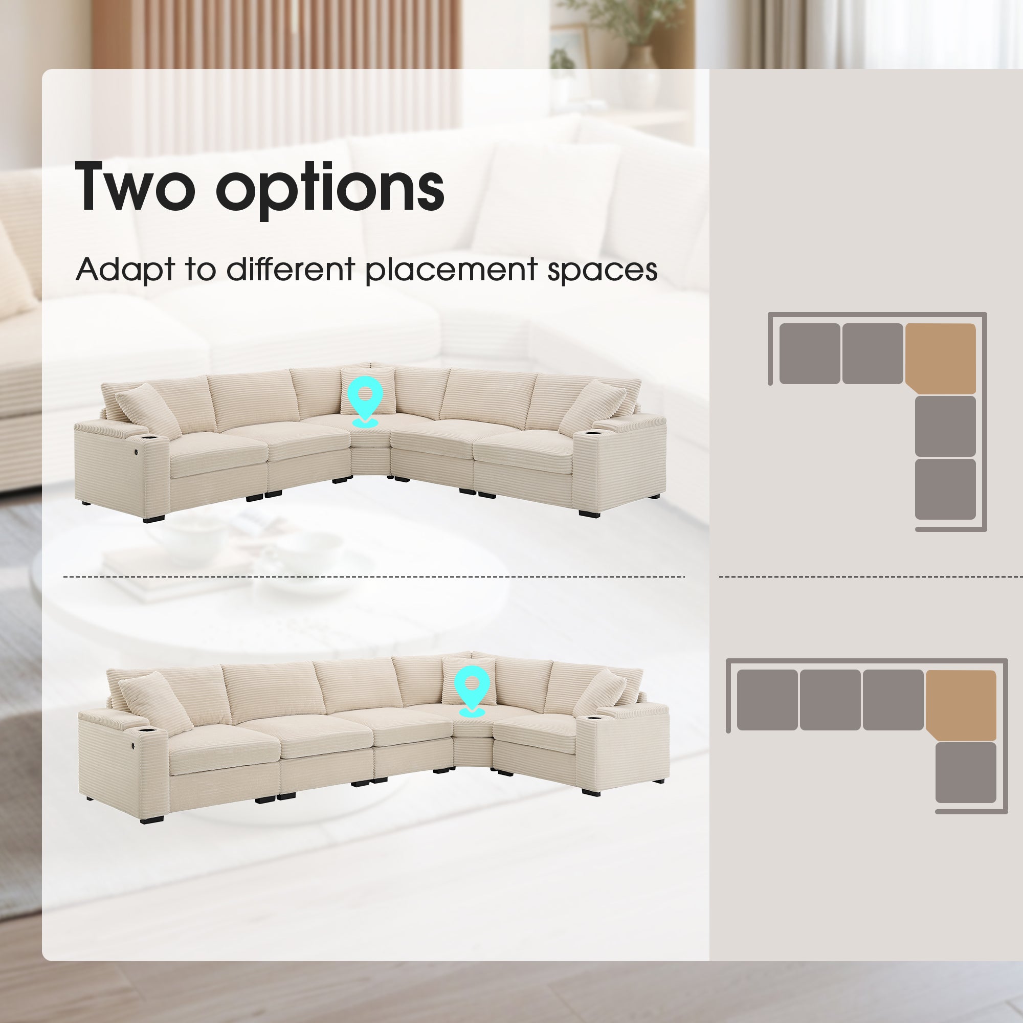 106' Convertible L Shaped Sectional Sofa,Corduroy Corner Couch with Armrest Storage,Cup Holders,USB Charger,Irregular Corner,Oversized Comfy Modular Sofa for Living Room,Apartment,2 Colors - Grand Goldman Shop