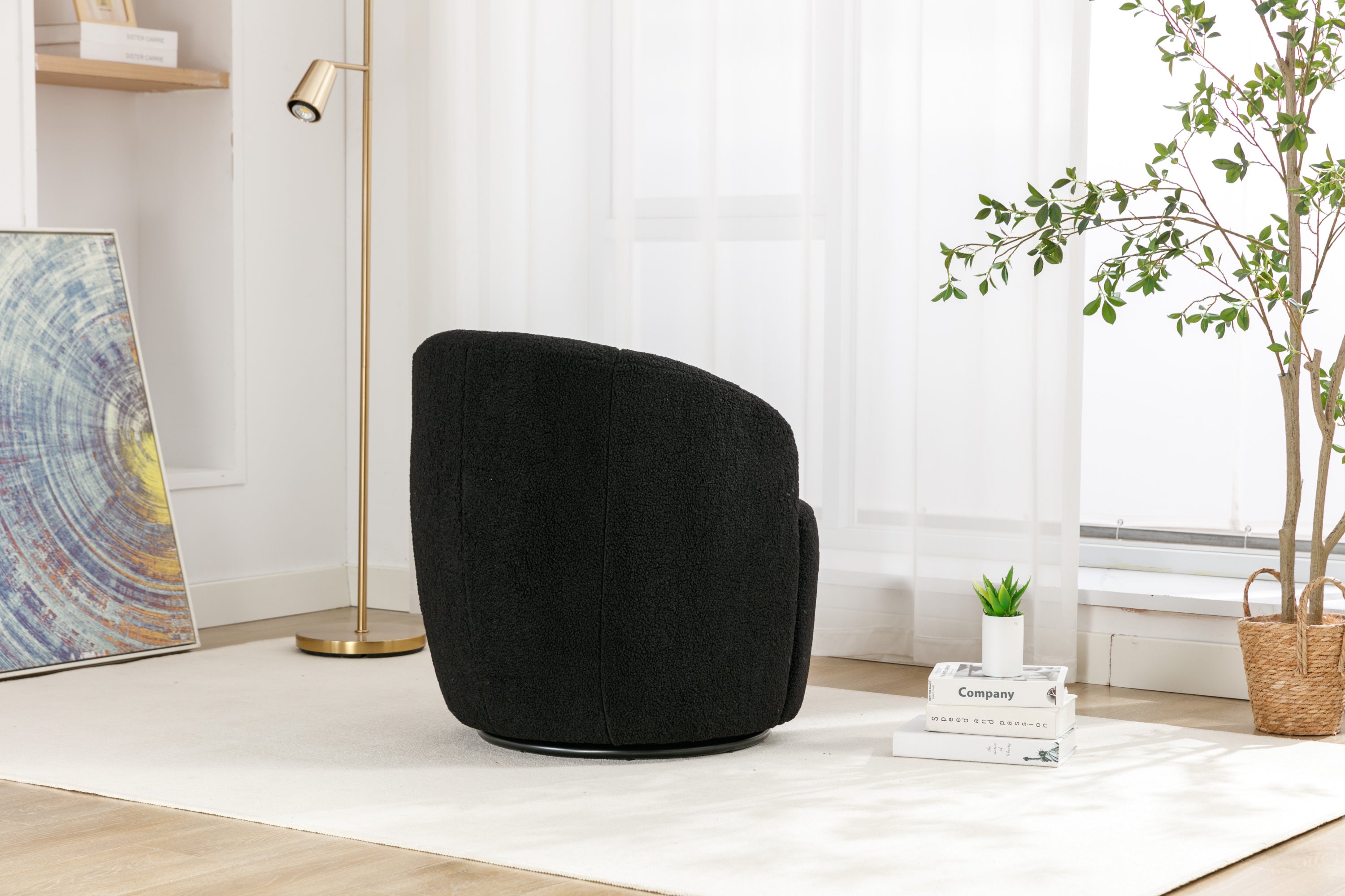 Teddy Fabric Swivel Accent Armchair Barrel Chair With Black Powder Coating Metal Ring,Black - Grand Goldman Shop