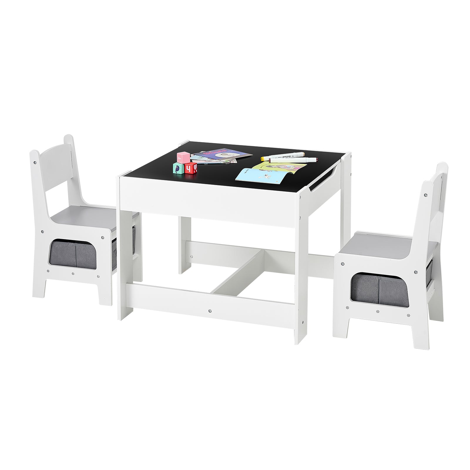 Kids Table and 2 Chairs Set, Toddler Table and Chair Set with Storage Space under the Table, Cloth Storage Box under the Chai