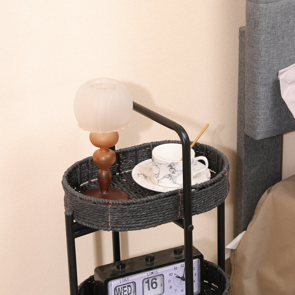 Modern 3-Tier Handwoven Side Table with Oval Organizer in Black Metal and Paper Rope - Grand Goldman Shop