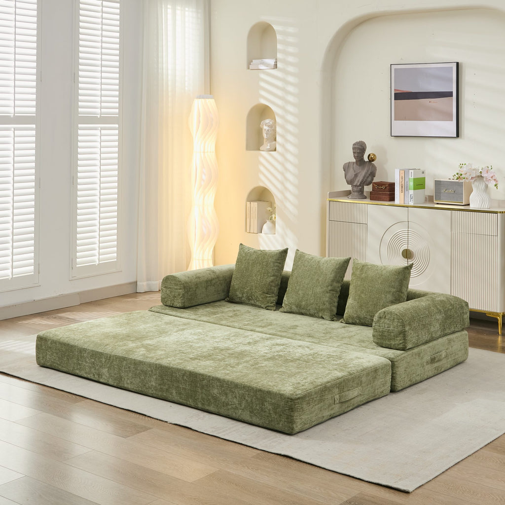 Comfy Convertible Folding Mattress Couch, Floor Sofa Bed, Chenille Floor Sofa with Armrest, Floor Sofa Lounge Couch for Living Room Bedroom Lounge Studio-Green - Grand Goldman Shop