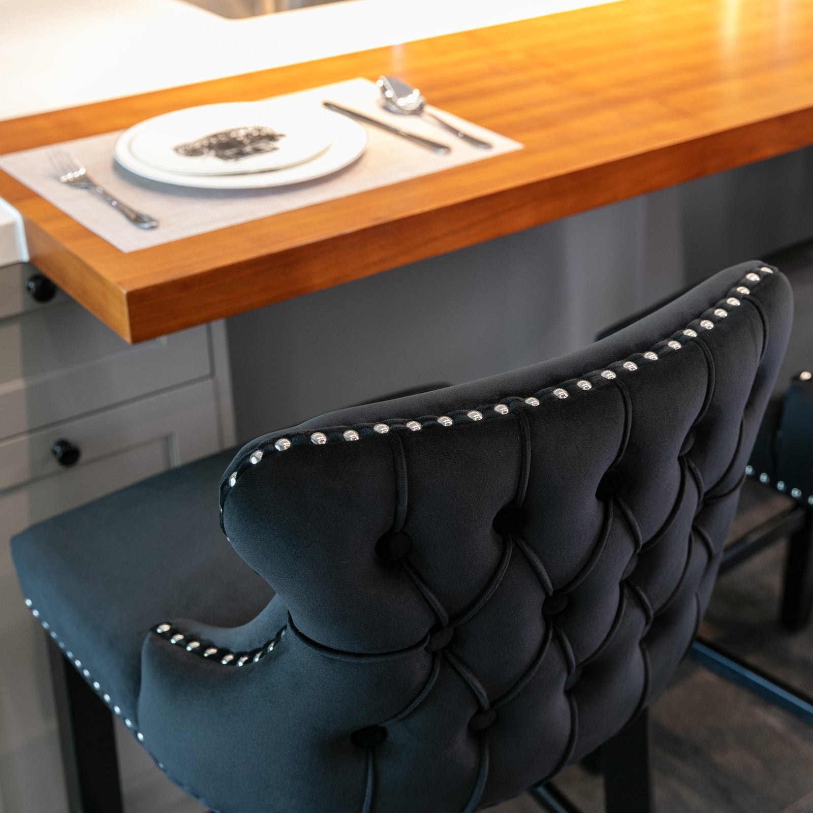 A&A Furniture,Contemporary Velvet Upholstered Wing-Back Barstools with Button Tufted Decoration and Wooden Legs, and Chrome Nailhead Trim, Leisure Style Bar Chairs,Bar stools,Set of 2 (Black),SW1824BK - Grand Goldman Shop