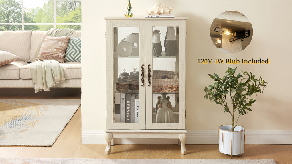 2 Doors Curio Cabinet with Tempered Glass Doors, Curio Cabinets with Mirrored Back Panel and Adjustable Shelves, Lighted Display Cabinet for Home, Office Light Bulb Included White - Grand Goldman Shop