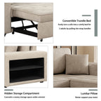Modern L-Shape 3 Seat Reversible Sectional Couch with Pull Out Sleeper, Storage Chaise & 2 Stools, Cream, Linen Chenille - Grand Goldman Shop