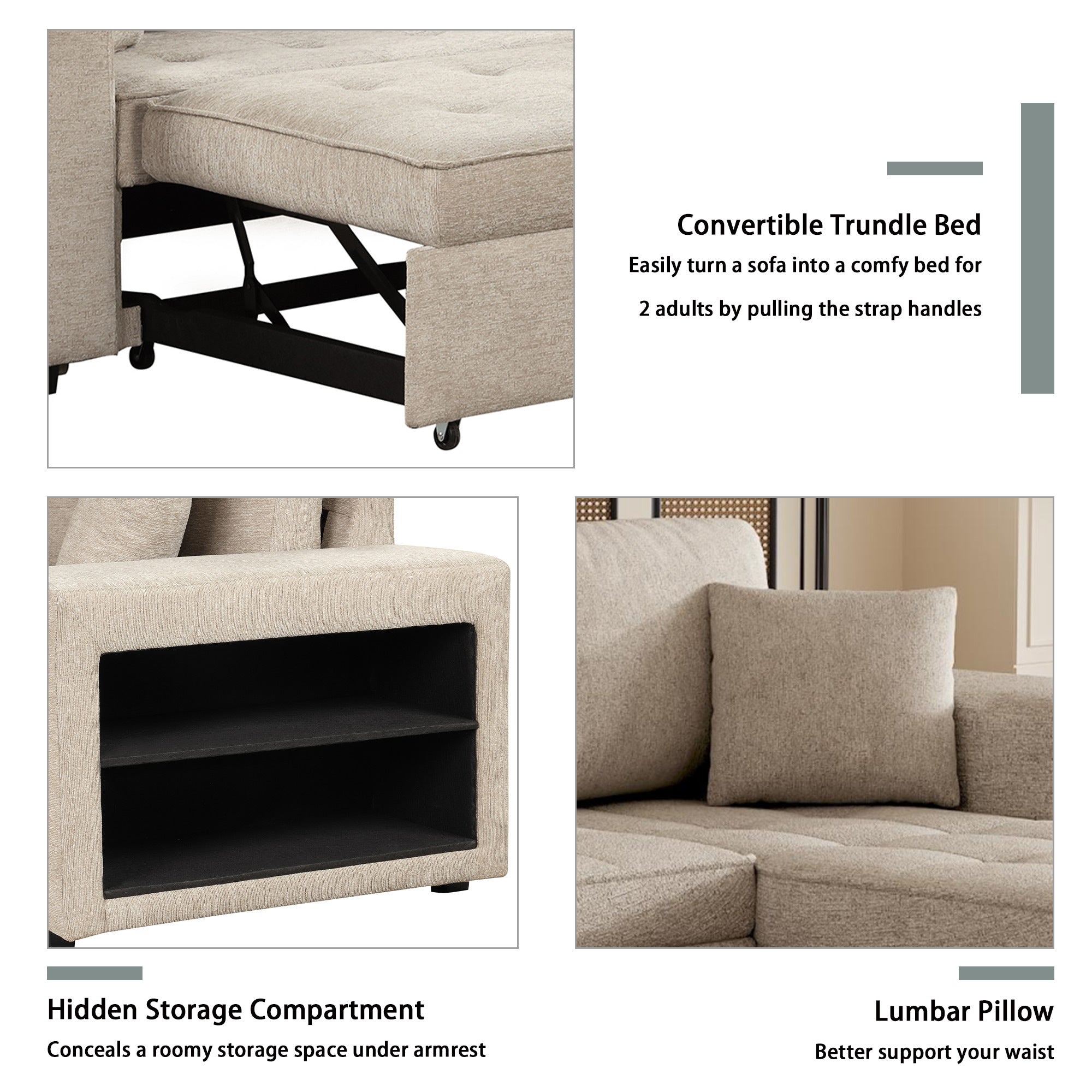 Modern L-Shape 3 Seat Reversible Sectional Couch with Pull Out Sleeper, Storage Chaise & 2 Stools, Cream, Linen Chenille - Grand Goldman Shop