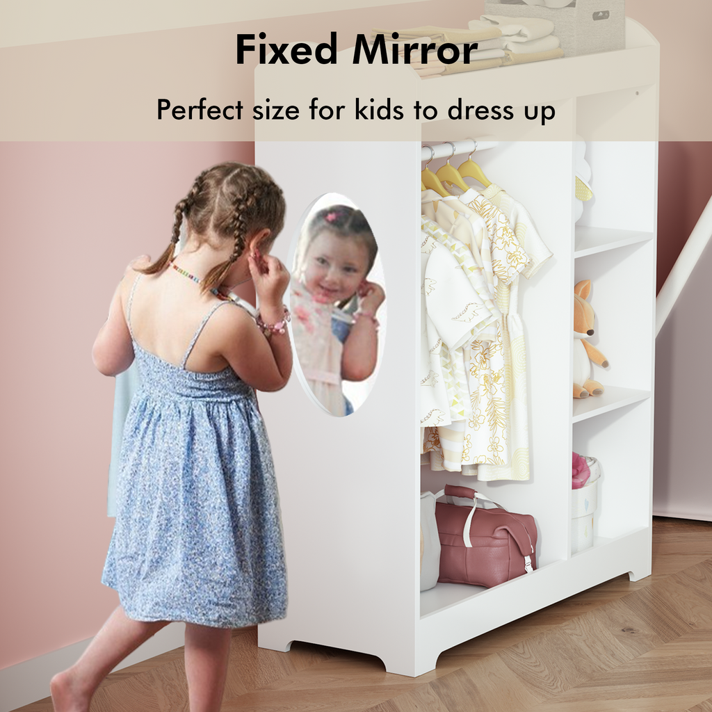 Kids Dress Up Storage with Mirror and Hooks, Wooden Dress Up Clothes Rack with Hanging Rod, 3 Side Hooks, Storage Shelves and