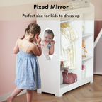 Kids Dress Up Storage with Mirror and Hooks, Wooden Dress Up Clothes Rack with Hanging Rod, 3 Side Hooks, Storage Shelves and