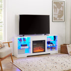 TV Stand Electric Fireplace TV Stand with Glass Shelves, 3D Fireplace TV Stand with LED Lights Wood with USB Charging Outlet Modern Television Table Center for TV up to 32-62' White 58''W*15.4''D*24.6 - Grand Goldman Shop