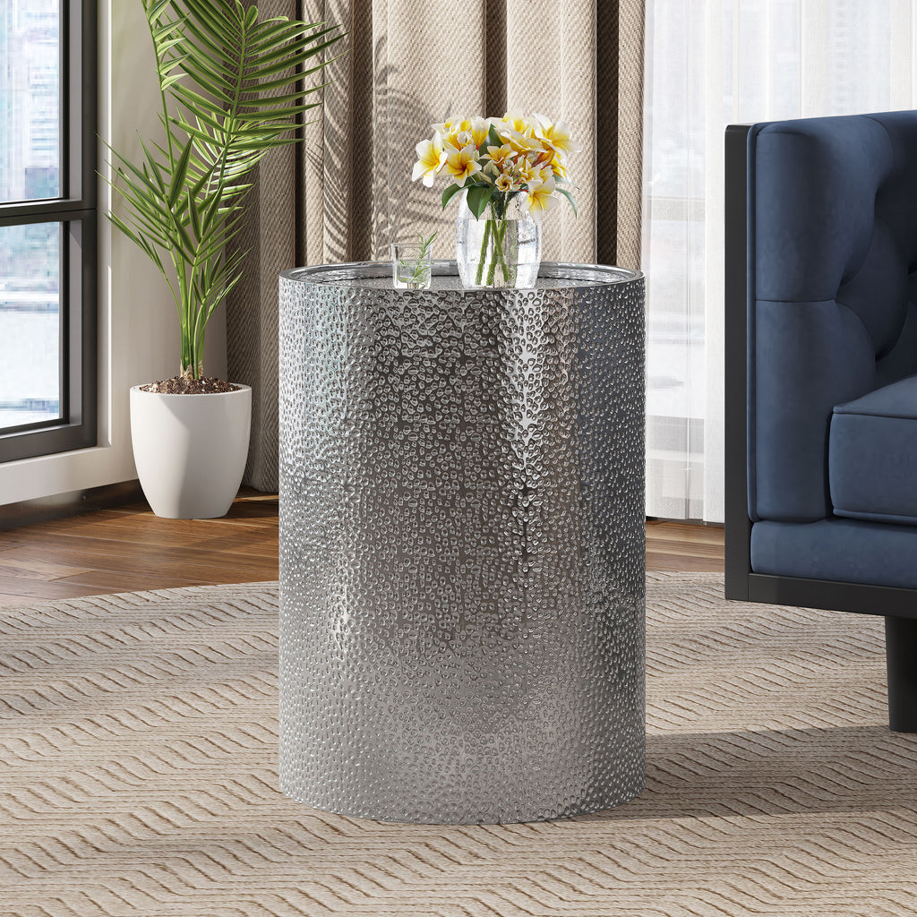 Modern Round Accent Table with Hammered Surface in Silver Iron Frame - Grand Goldman Shop