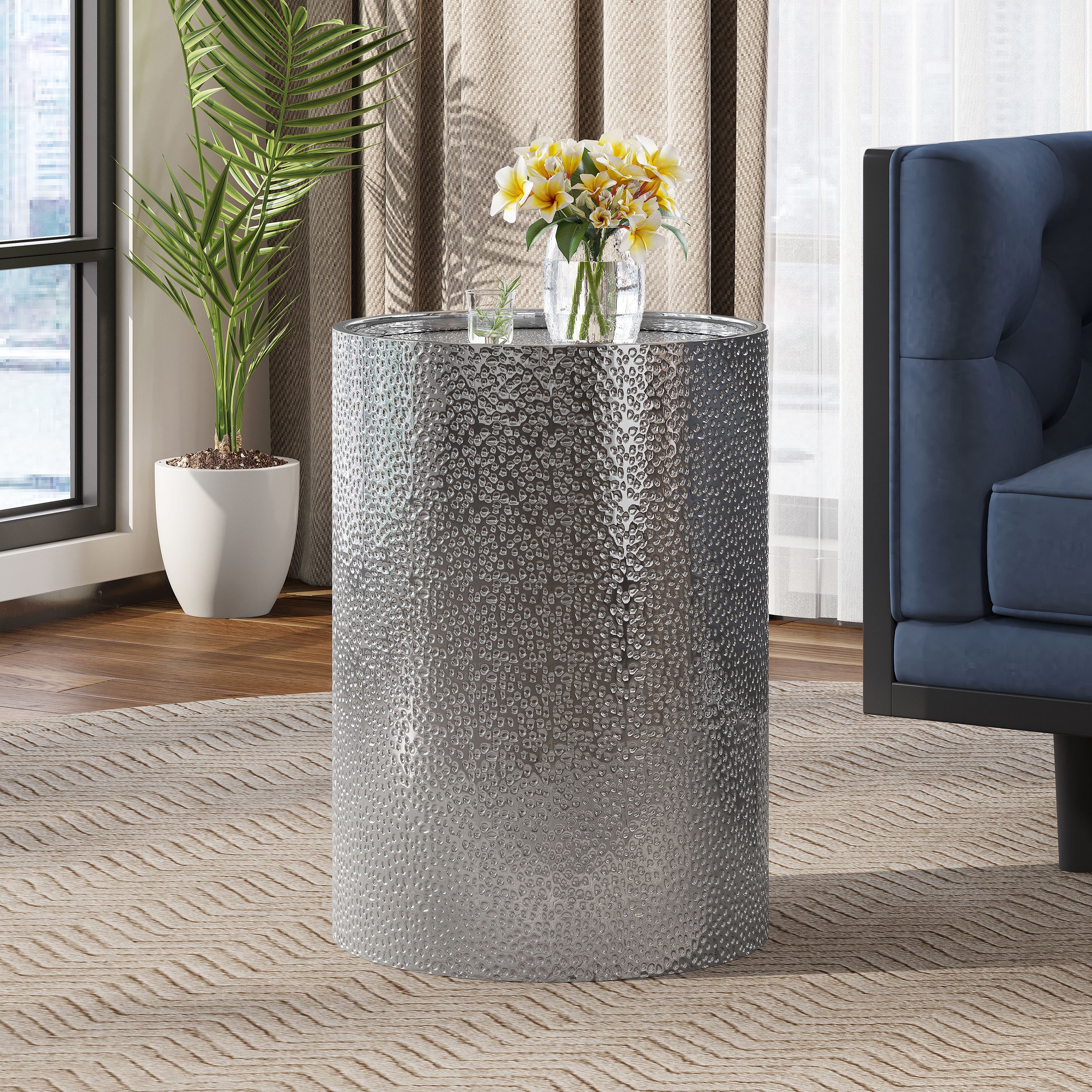 Modern Round Accent Table with Hammered Surface in Silver Iron Frame - Grand Goldman Shop