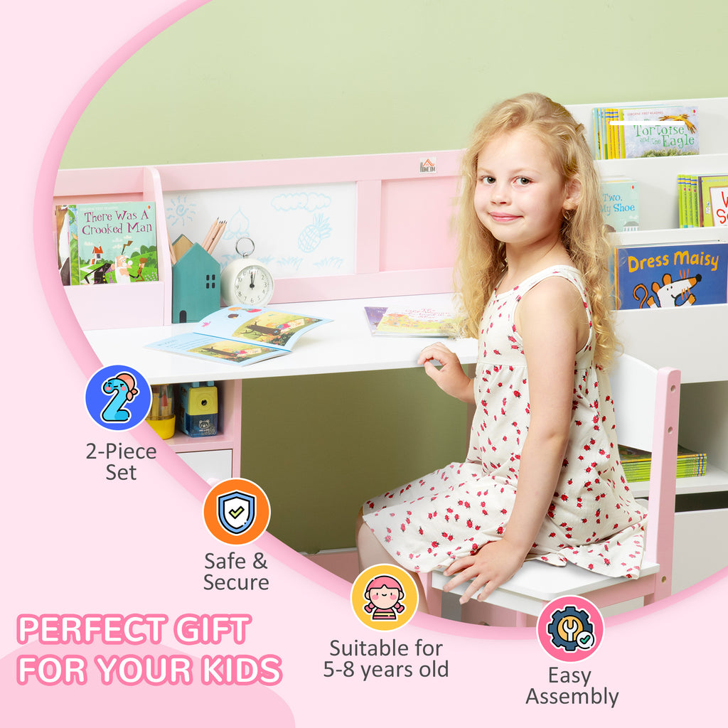 Qaba Toddler Desk and Chair Set, Kids Writing Desk Study Table for Children with Whiteboard, Storage Cabinet, Child Furniture