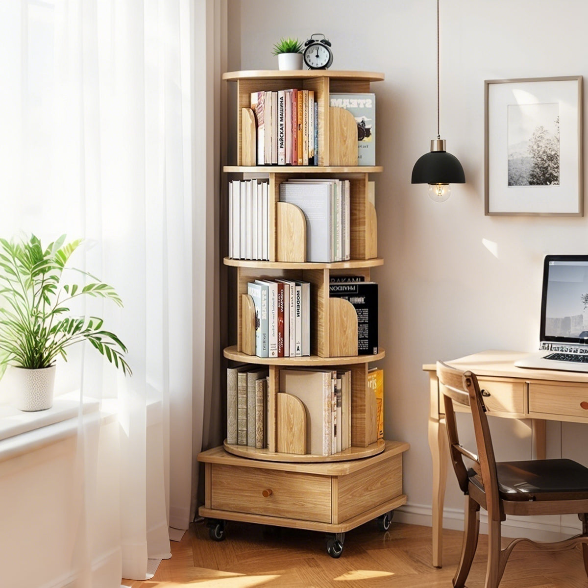 5 Tier Rotating Bookshelf, 360° Display Round Spinning Bookshelf with Wheels, Space-Saving, Small Space Rotating Bookshelf Tower for Bedroom, Living Room, Home, Office, Wood Color - Grand Goldman Shop