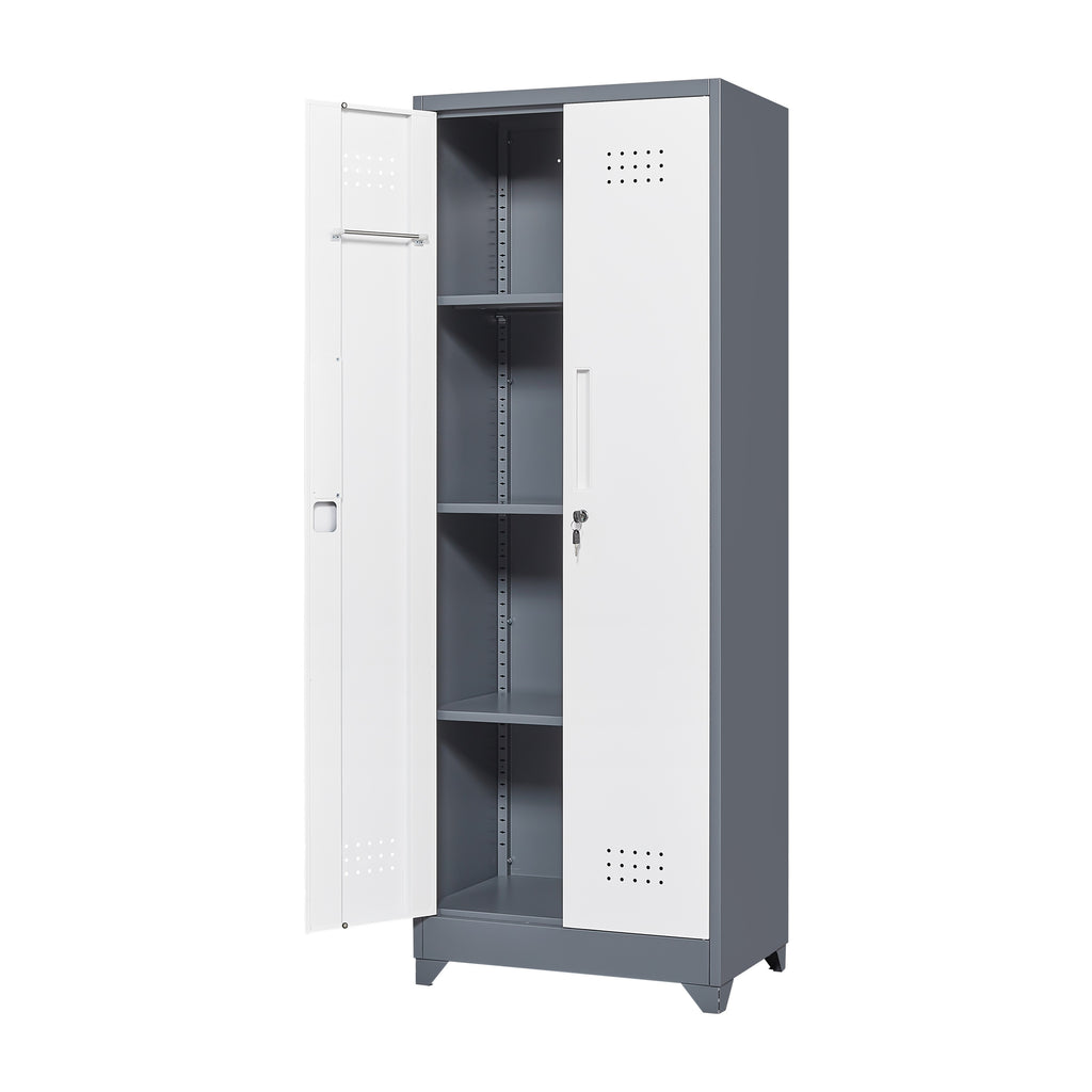 Heavy Duty Grey Metal Storage Cabinet with Locking Doors, Hanging Rod & Shelves, 65' H Broom Closet for Garage or Basement - 