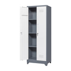 Heavy Duty Grey Metal Storage Cabinet with Locking Doors, Hanging Rod & Shelves, 65' H Broom Closet for Garage or Basement - 