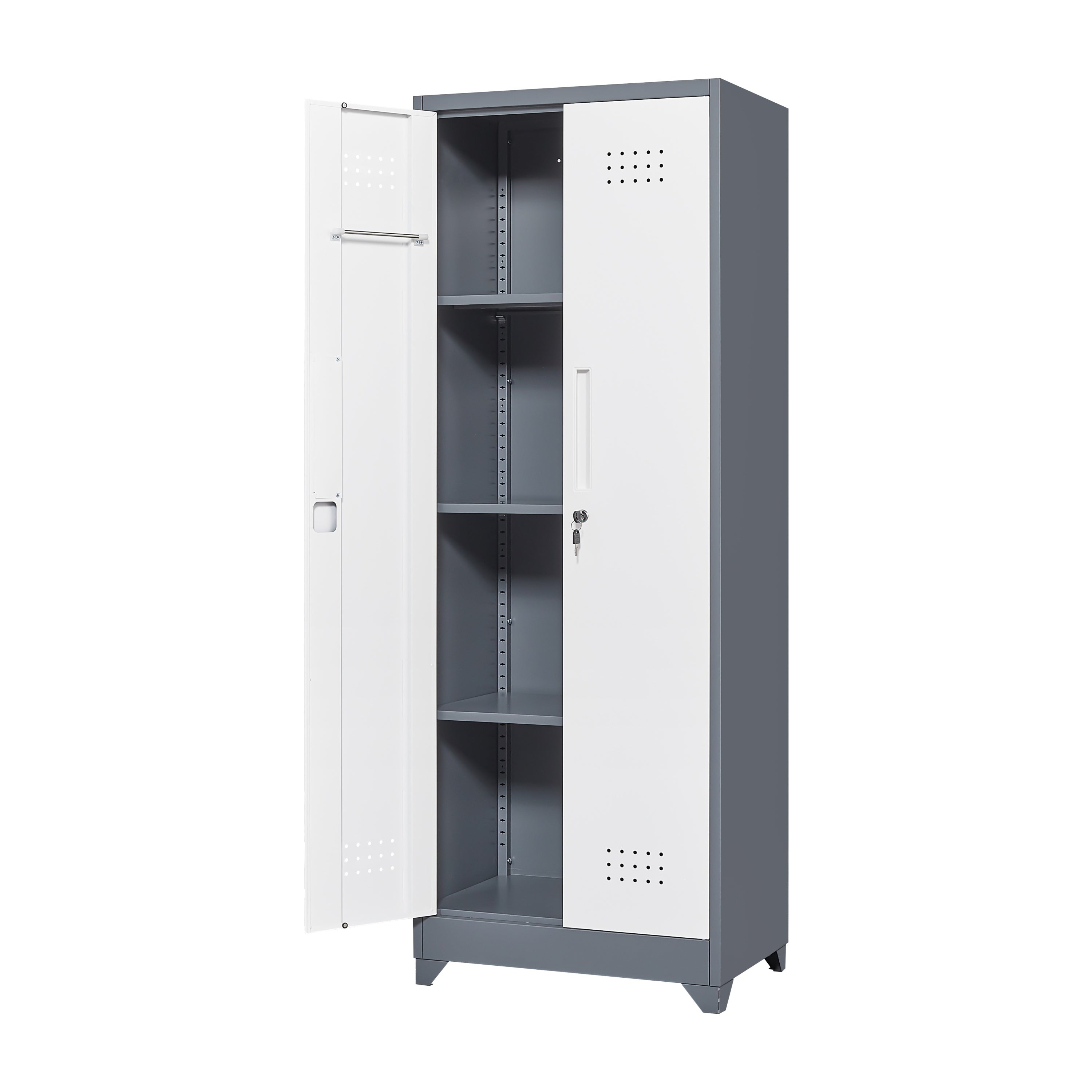 Heavy Duty Grey Metal Storage Cabinet with Locking Doors, Hanging Rod & Shelves, 65' H Broom Closet for Garage or Basement - 