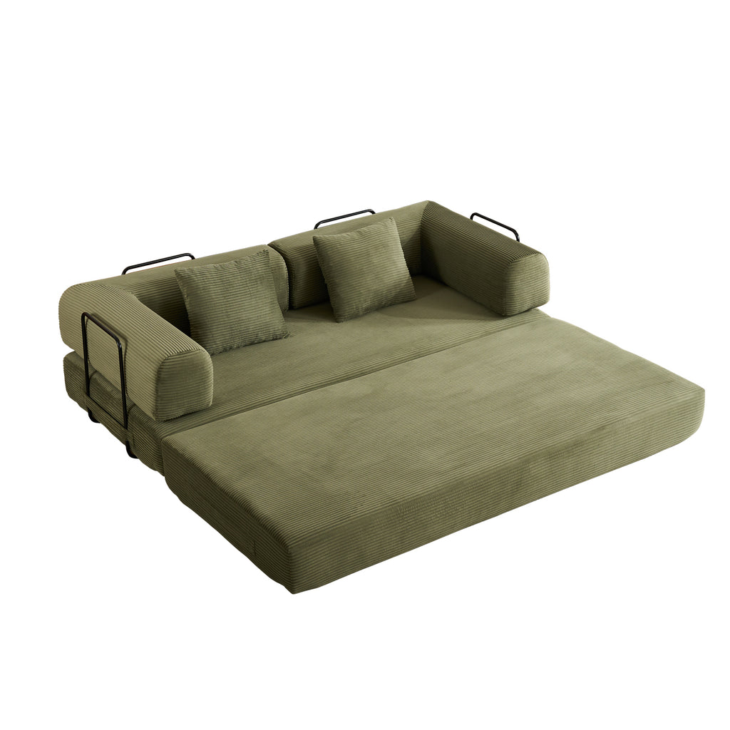 Convertible Sleeper Sofa Bed with Cylindrical Pillow, Corduroy Folding Mattress Couch with Fixed-Shape Frame, Floor Sofa Lounge Couch for Living Room Bedroom (Green) - Grand Goldman Shop