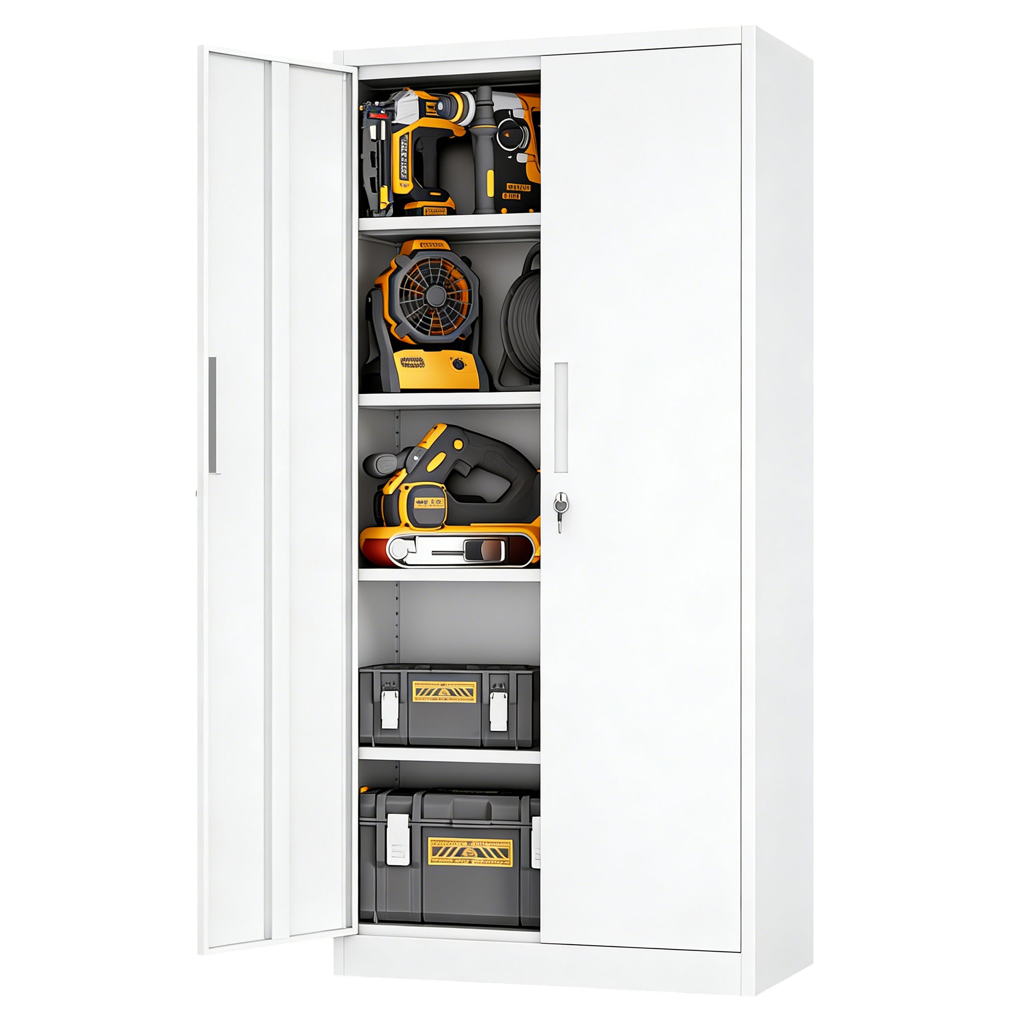 71'H Metal Garage Storage Cabinet, White Tool Steel Locking Cabinet with Doors and 4 Adjustable Shelves, Tall Cabinets for Ga