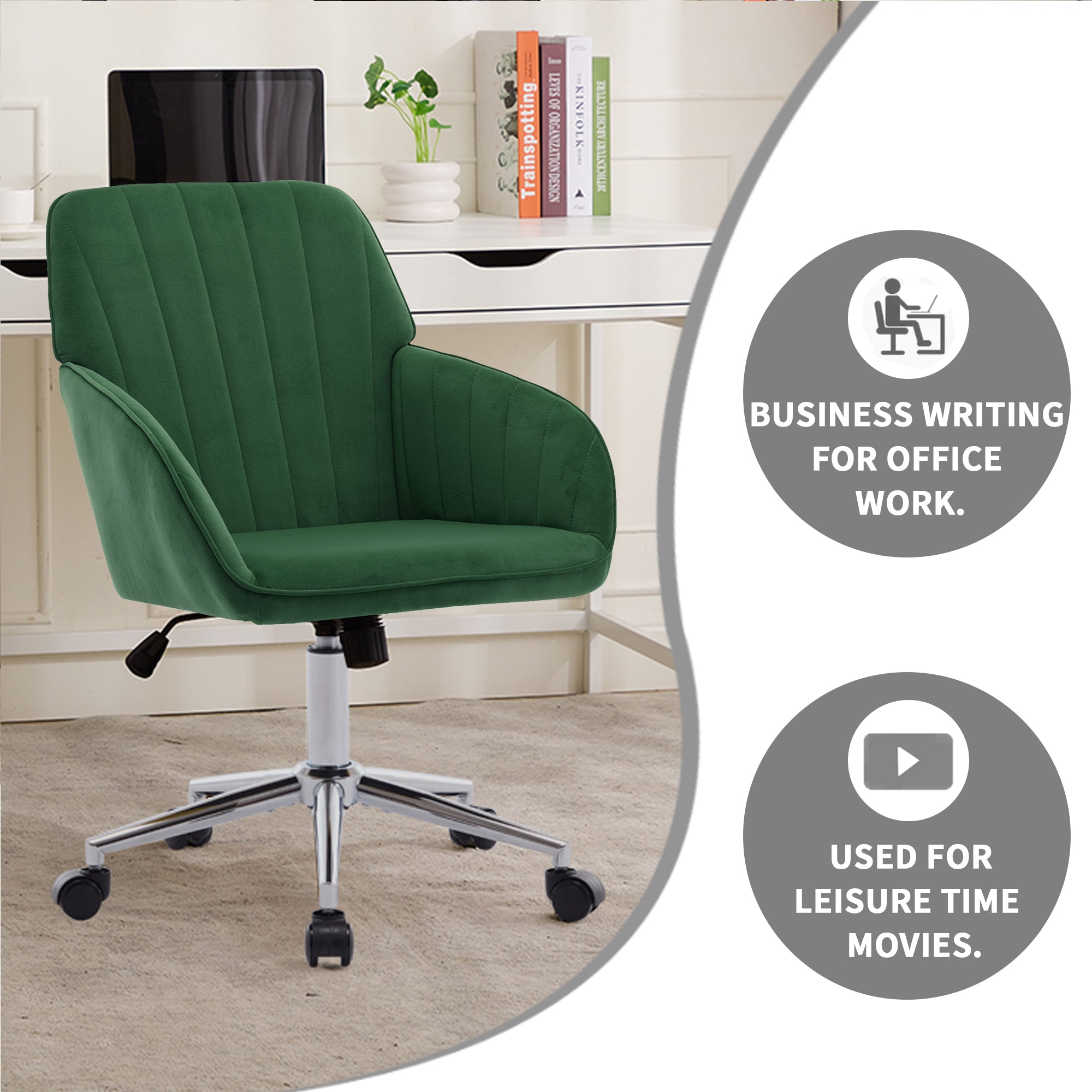 TY Adjustable Office Chair, Ergonomic Swivel Chair with Velvet Backrest Seat in Green, Comfortable for Long Sitting - Grand G