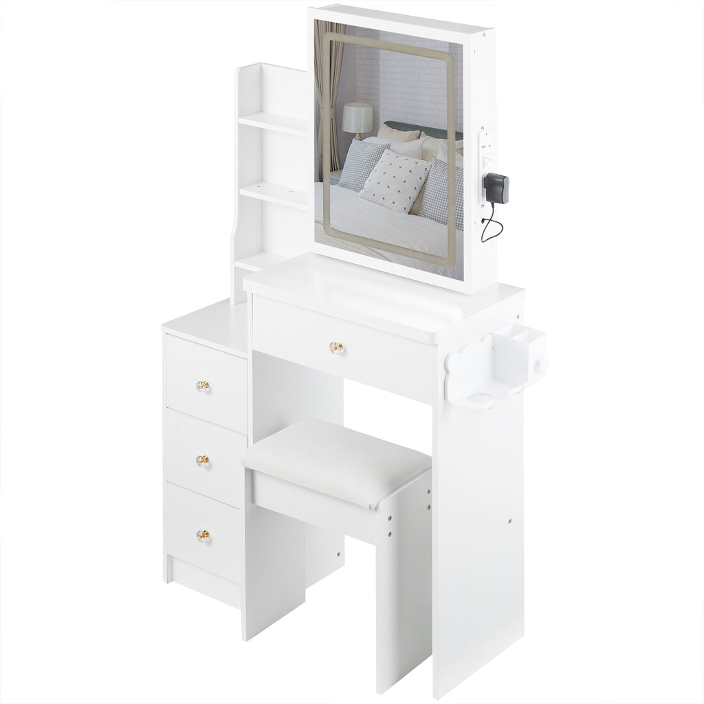29.2' Small Size Left Bedside Cabinet Vanity Table + Cushioned Stool, 2 AC+2 USB Power Station, Hair dryer bracket, Extra Large Touch Control Sliding LED Mirror, Tri-color Switching, Brightness Adjust - Grand Goldman Shop