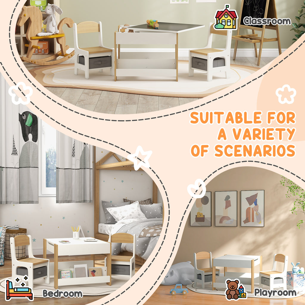 Qaba 3 Piece Kids Table and Chair Set, 2 in 1 Toddler Table and Chair Set with Reversible Tabletop Blackboard, Storage & Book