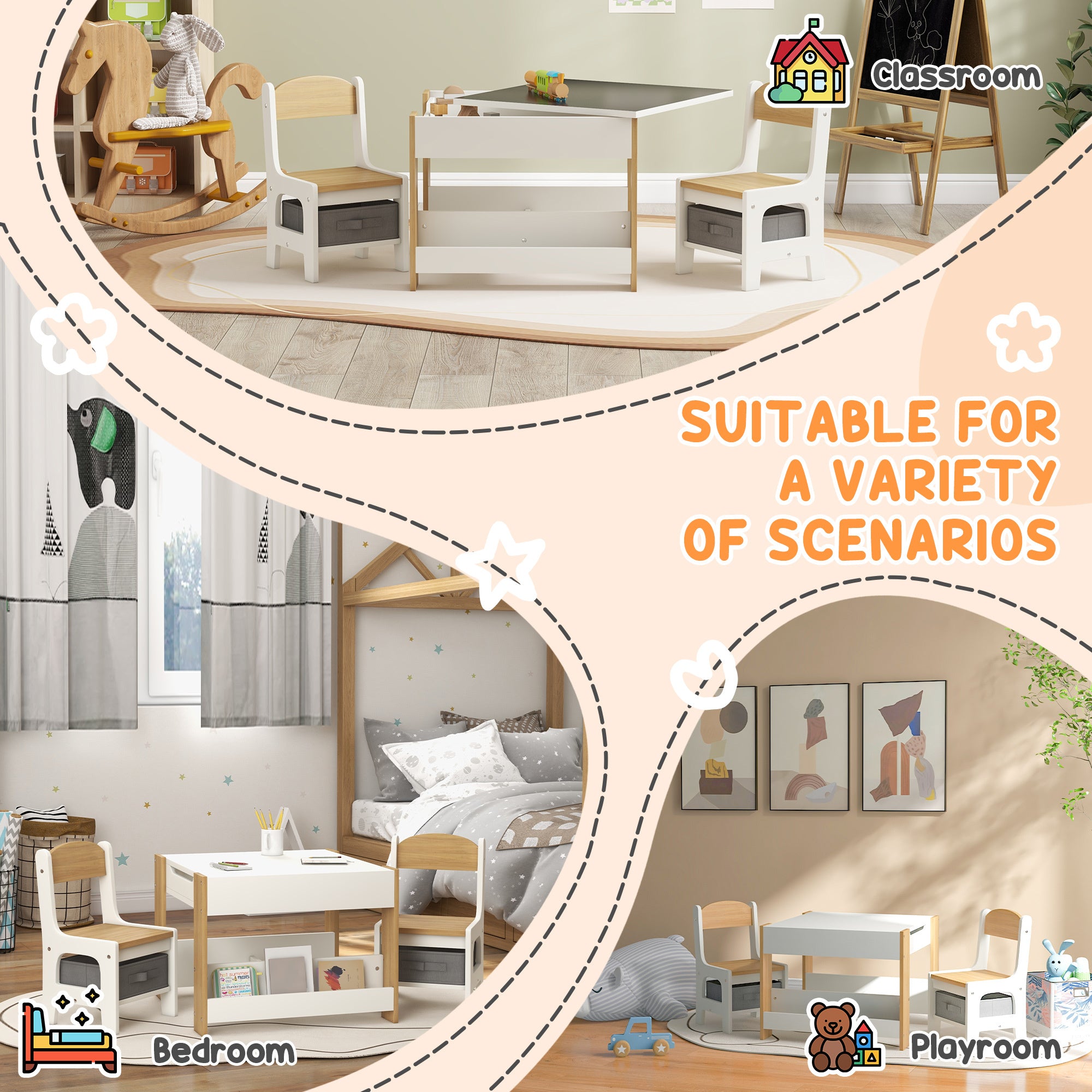 Qaba 3 Piece Kids Table and Chair Set, 2 in 1 Toddler Table and Chair Set with Reversible Tabletop Blackboard, Storage & Book