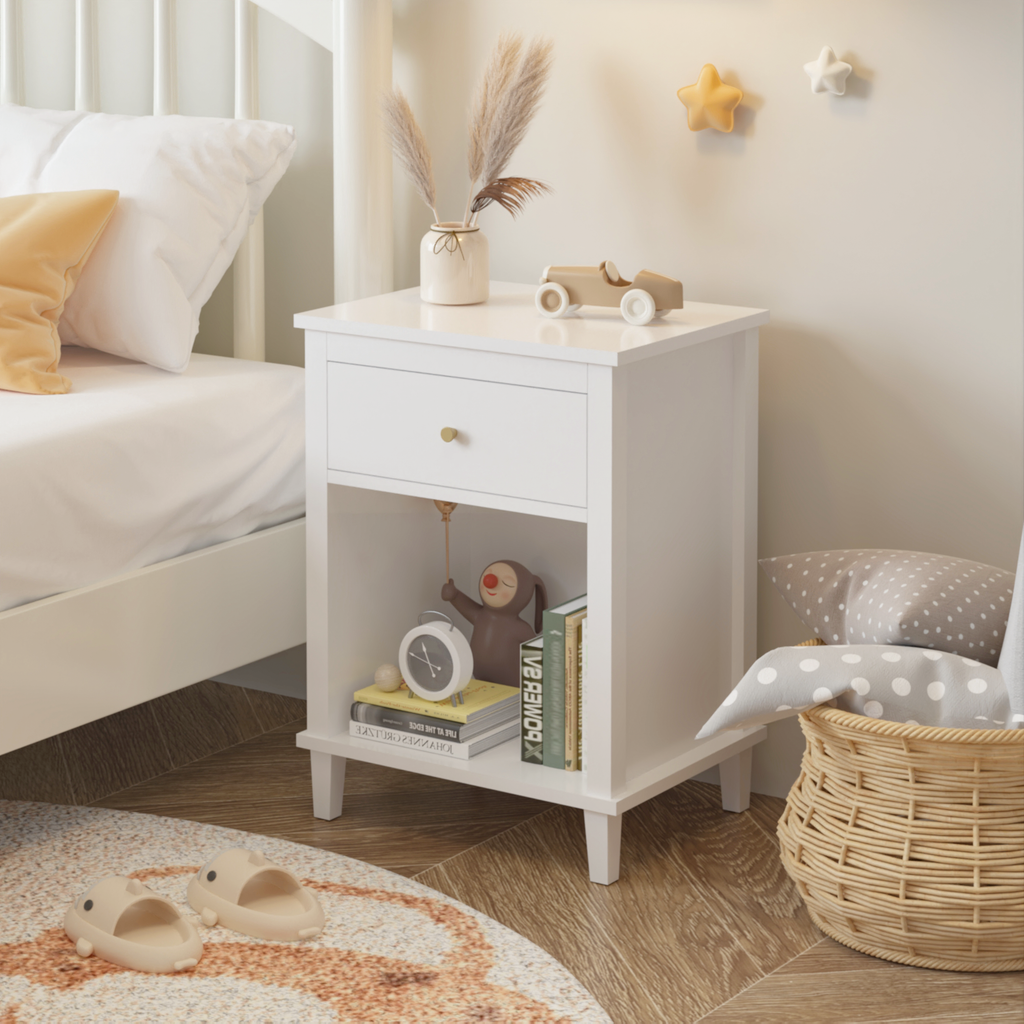 26.77''H White Wooden Nightstand with One Drawer and Shelf, Golden Handle, MDF Construction for Kids and Adults - Grand Goldman Shop