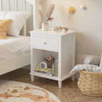 26.77''H White Wooden Nightstand with One Drawer and Shelf, Golden Handle, MDF Construction for Kids and Adults - Grand Goldman Shop