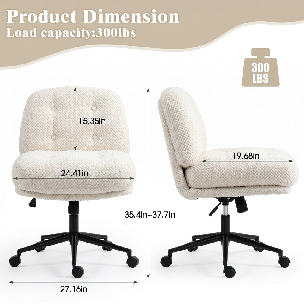 Cross Legged Office Chair No Arms, Adjustable Swivel Wider & Thickened, Ergonomic Desk Chair for Home Office, Vanity,White - 