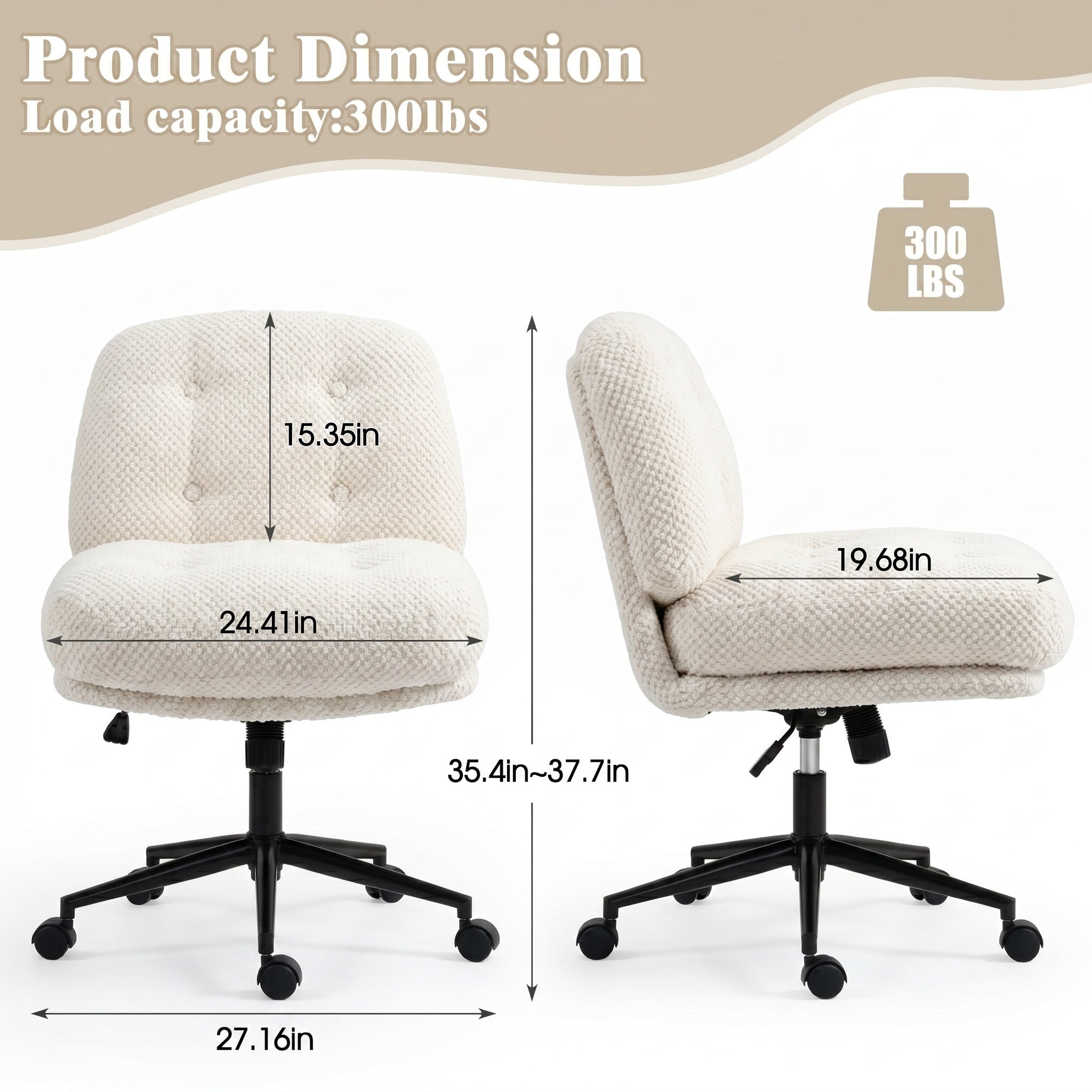 Cross Legged Office Chair No Arms, Adjustable Swivel Wider & Thickened, Ergonomic Desk Chair for Home Office, Vanity,White - 