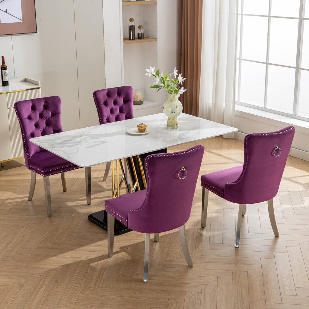 Nikki Collection Modern, High-end Tufted Solid Wood Contemporary Velvet Upholstered Dining Chair with Chrome Stainless Steel Plating Legs,Nailhead Trim,Set of 2,Purple and Chrome, SW1701PP - Grand Goldman Shop