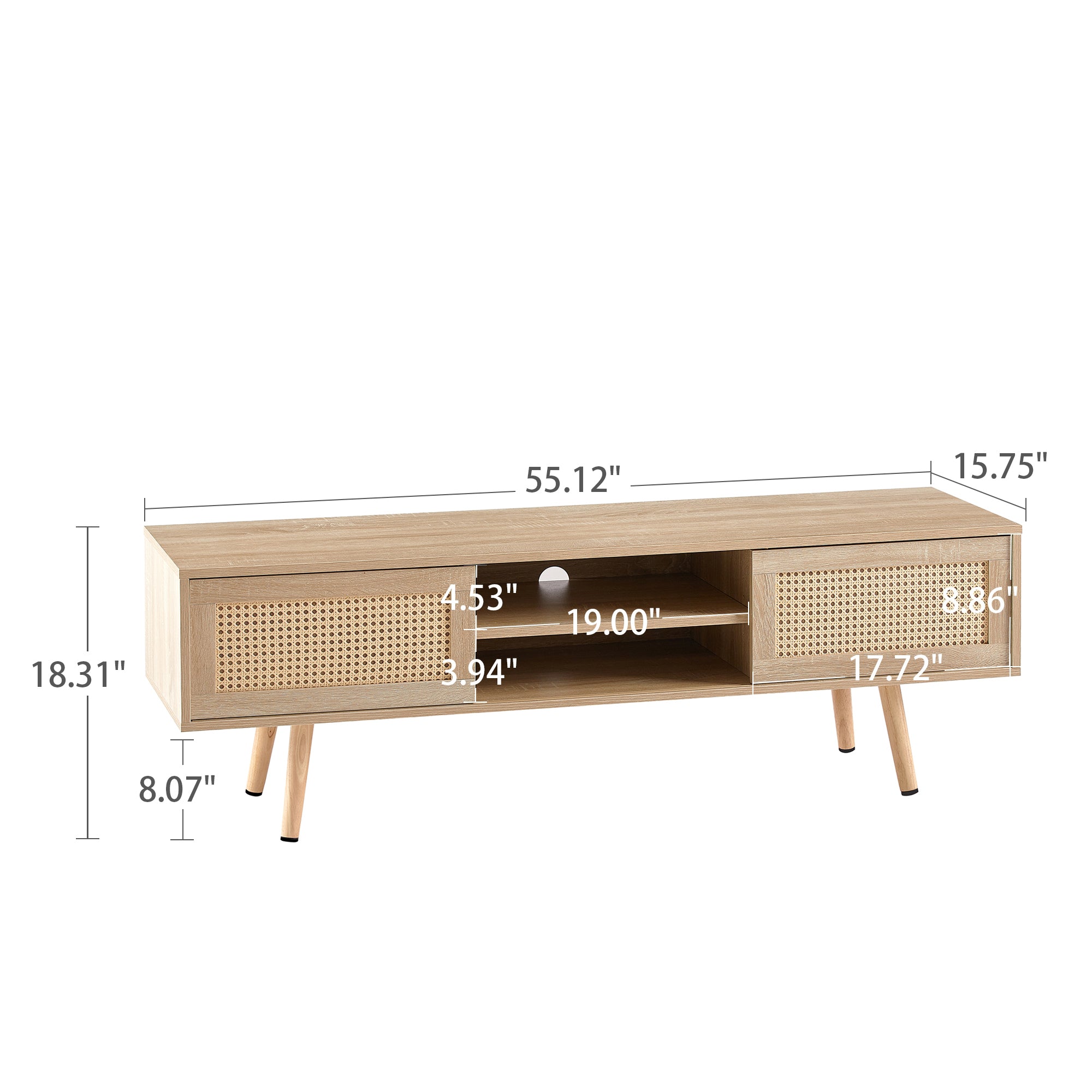 Natural Rattan TV Cabinet with Double Sliding Doors, Adjustable Shelf, Solid Wood Legs, 55.12 Inches - Grand Goldman Shop
