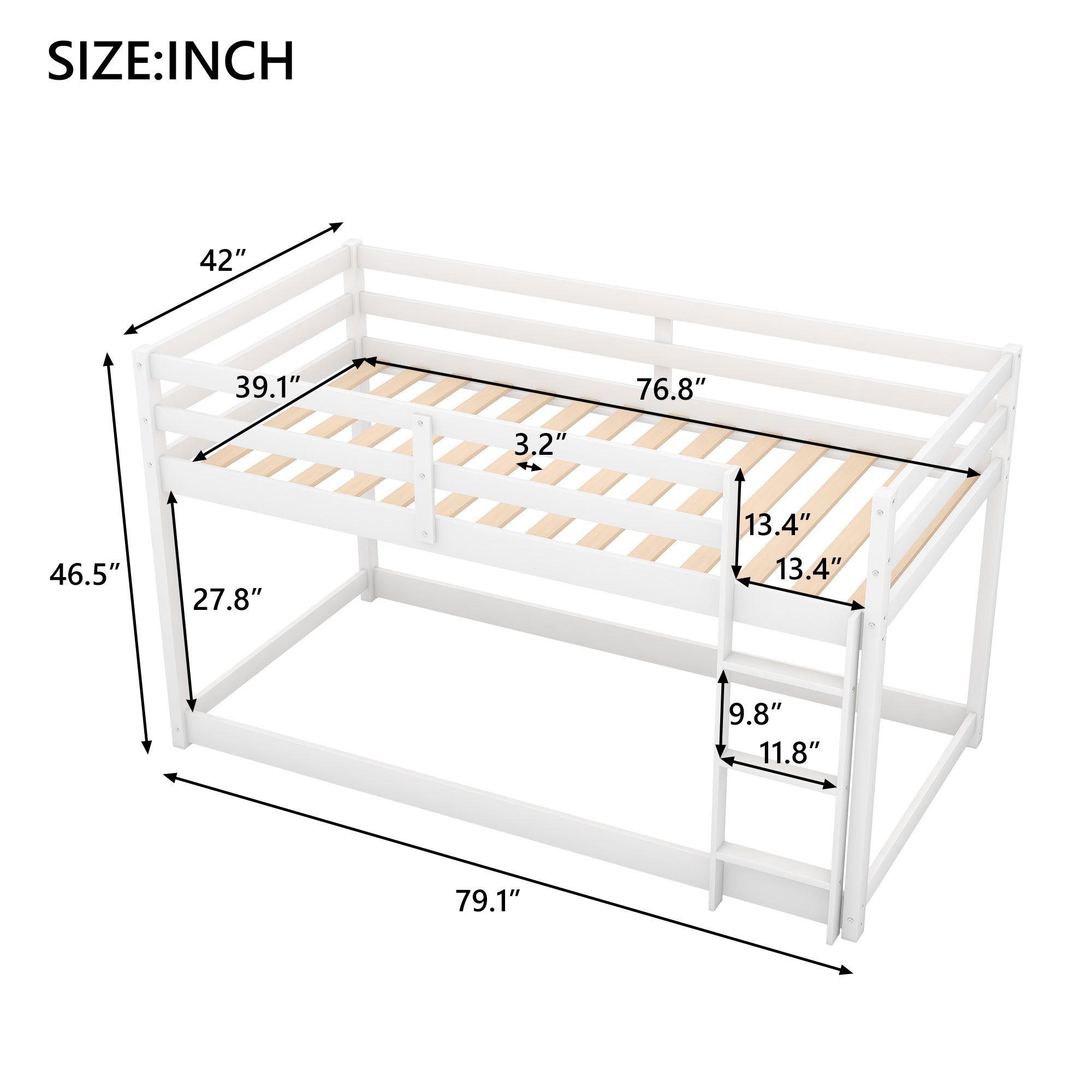White Twin Over Twin Floor Bunk Bed with Ladder, Solid Pine Wood, 79.1''L x 42''W x 46.5''H - Grand Goldman Shop