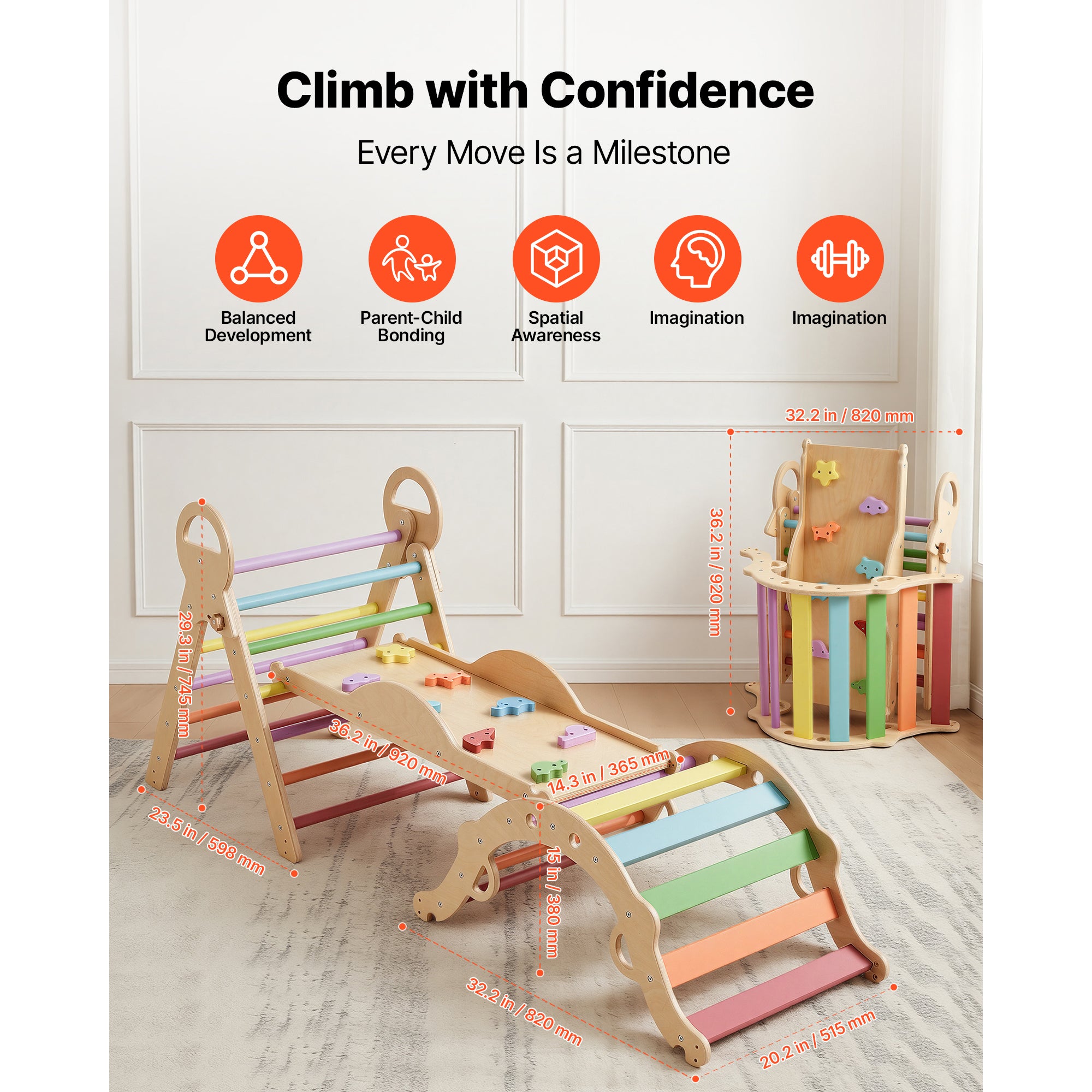 Pikler Triangle Set, 9-in-1 Toddler Climbing Toys Indoor, with 2 Wooden Cars, Cushion, Triangle, Arch, and Ramp, 150 lbs Load