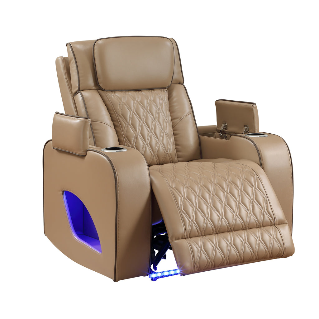 Fortuner Power Reclining 3Pc Living Room Set in Caramel Faux Leather with LED Lights, Massage Function, Bluetooth Speakers and Wireless Charging - Grand Goldman Shop