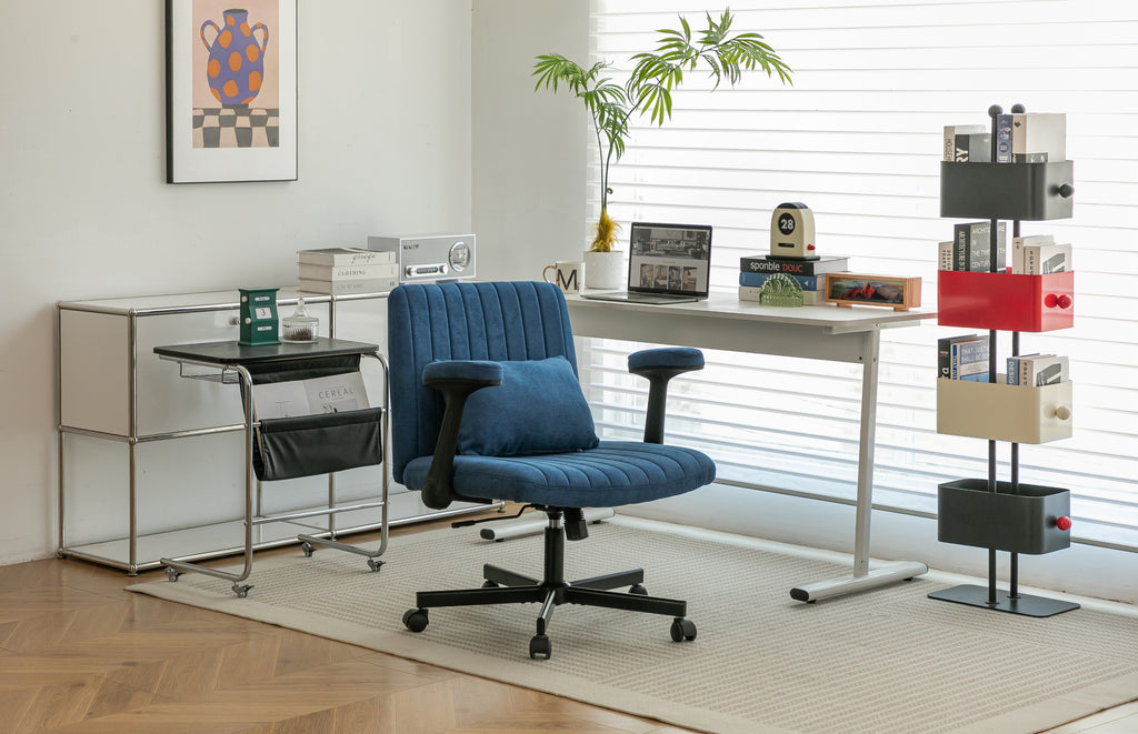 Modern Linen Blue Criss Cross Armrest Office Chair with Foldable Design, Soft Velvet Fabric, 36.6-Inch Height - Grand Goldman