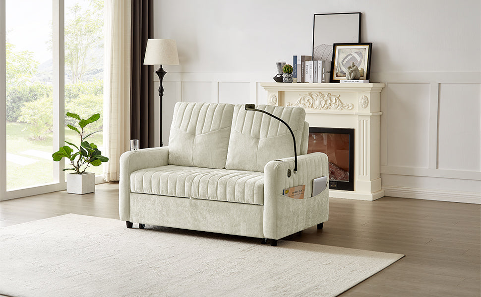 Modern 53.9' Loveseat Pull-out Sofa Bed with Adjustable Backrest, Cup Holders, Charging Ports & Side Storage in Beige Chenille - Grand Goldman Shop