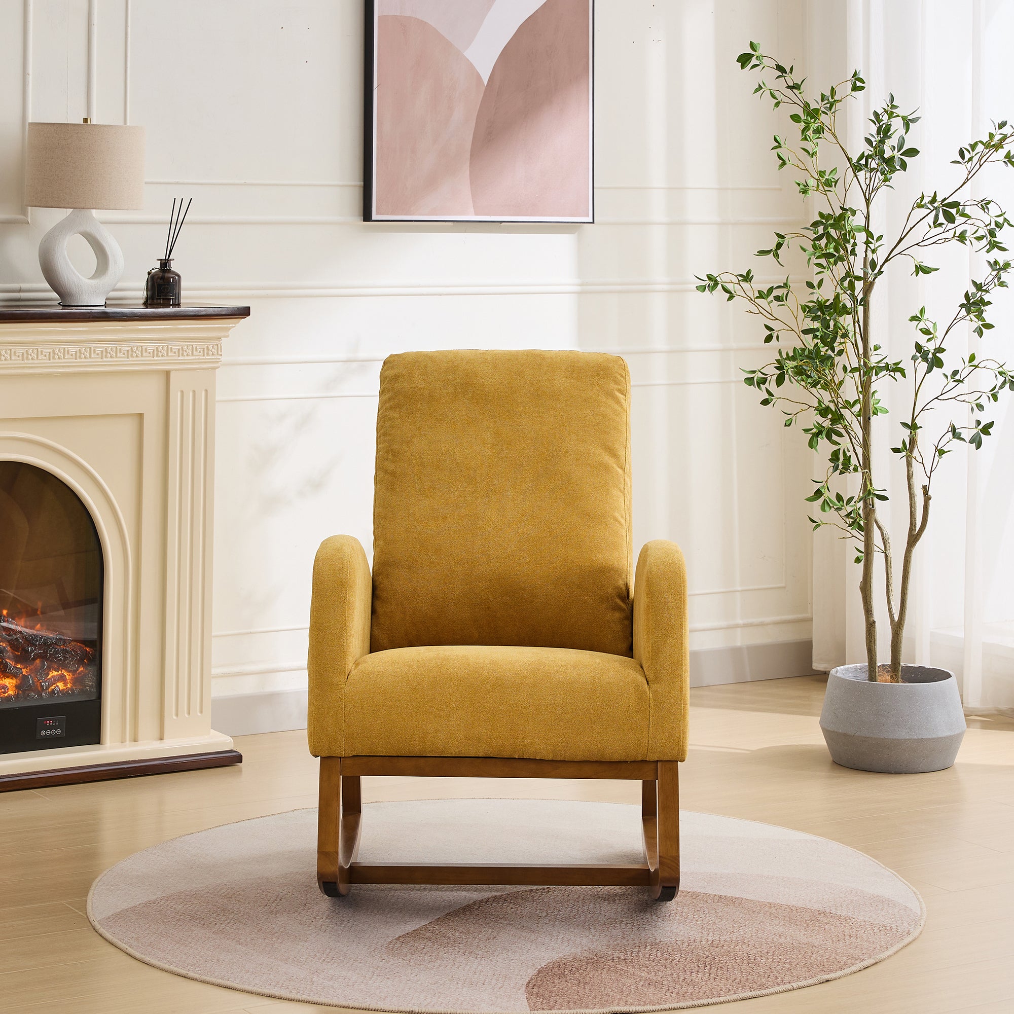 27.2'W Rocking Chair for Nursery, Polyester Glider Chair with High Back and Side Pocket, Rocking Accent Armchair with Rubber Wood Legs for Living Room/Bedroom.Mustard - Grand Goldman Shop