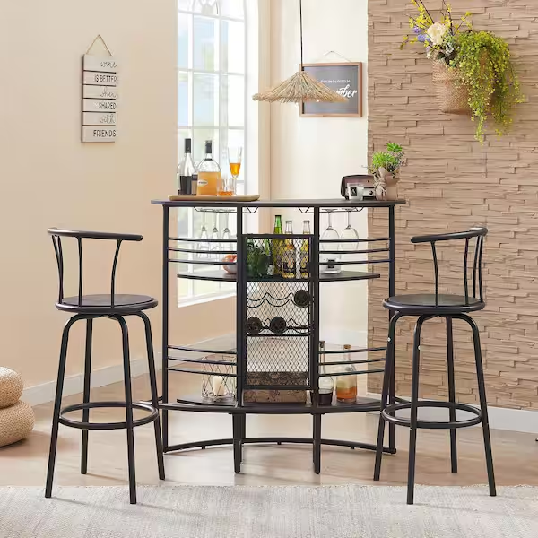 Oval Bar Table with Wood Counter Top and Wine Rack Storage, Wine Bakers Rack for Dining Room, Gray - Grand Goldman Shop