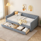 Twin Size Daybed with Drawers Upholstered Tufted Sofa Bed, with Button on Back and Piping on Waved Shape Arms-Light Grey - Grand Goldman Shop