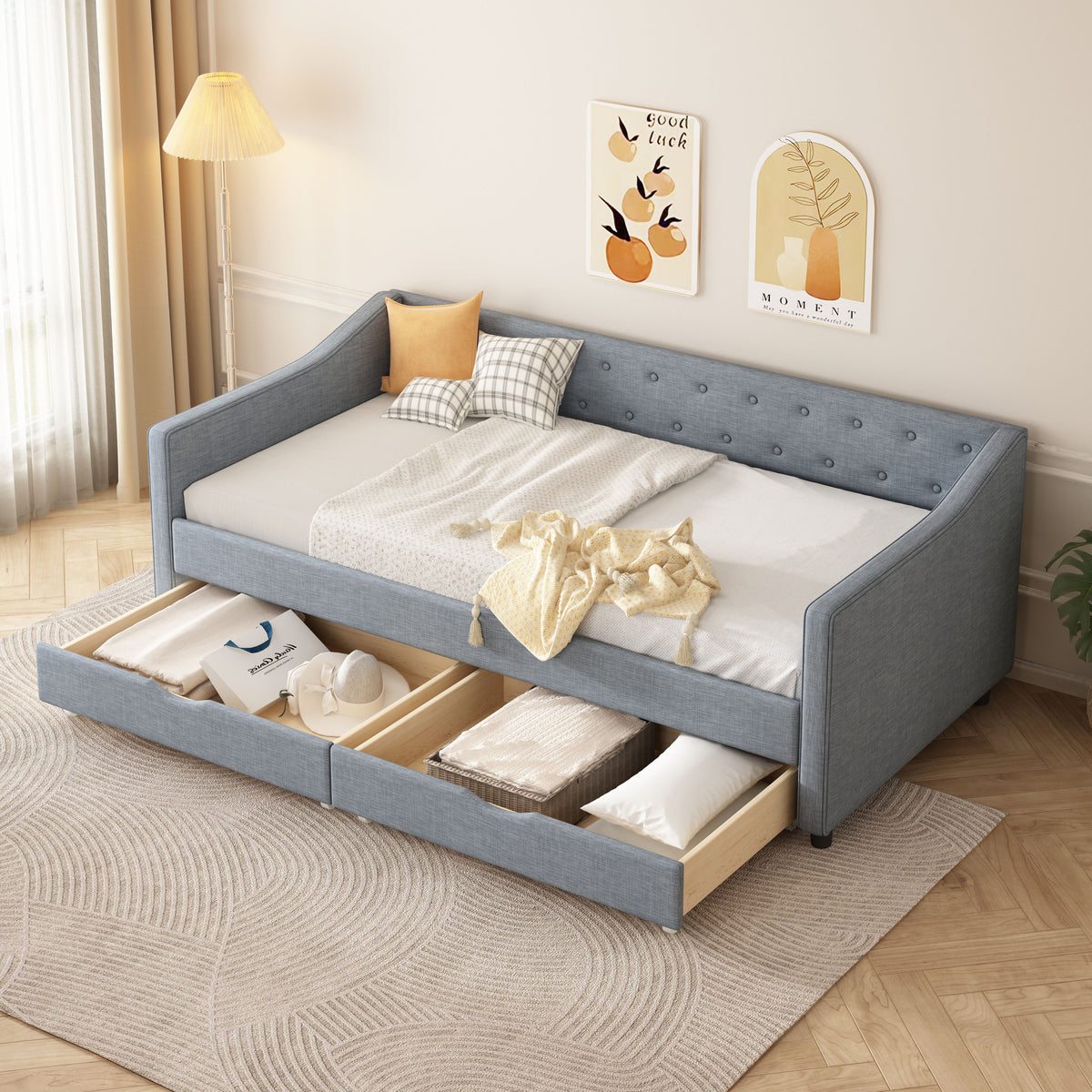 Twin Size Daybed with Drawers Upholstered Tufted Sofa Bed, with Button on Back and Piping on Waved Shape Arms-Light Grey - Grand Goldman Shop
