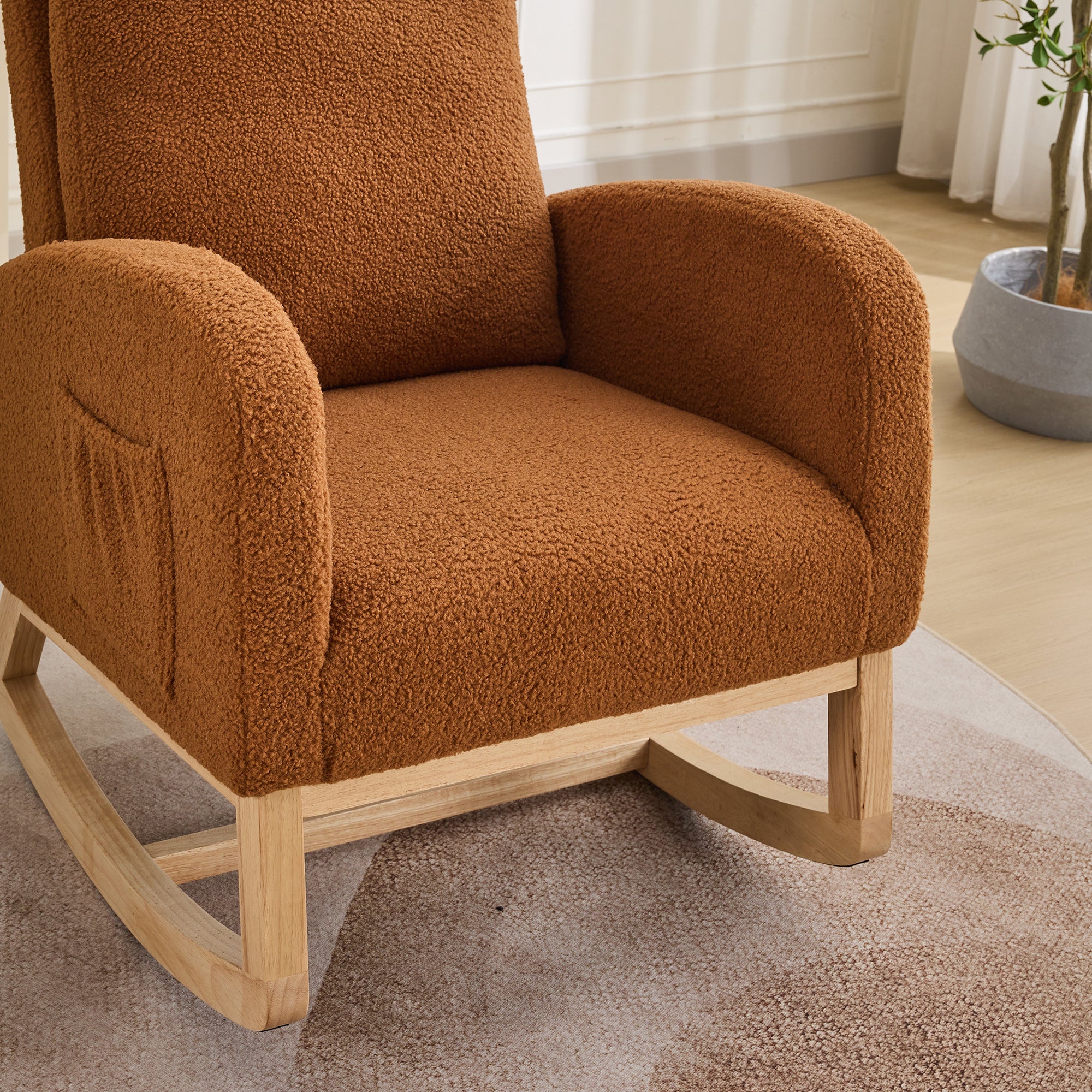 27.2'W Rocking Chair for Nursery, Sherpa Glider Chair with High Back and Side Pocket, Rocking Accent Armchair with Rubber Wood Legs for Living Room/Bedroom.Caramel - Grand Goldman Shop