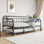 Twin Size Metal Daybed Frame with Trundle, Heavy Duty Steel Slat Support Sofa Bed Platform with Headboard, No Box Spring Needed, Black - Grand Goldman Shop