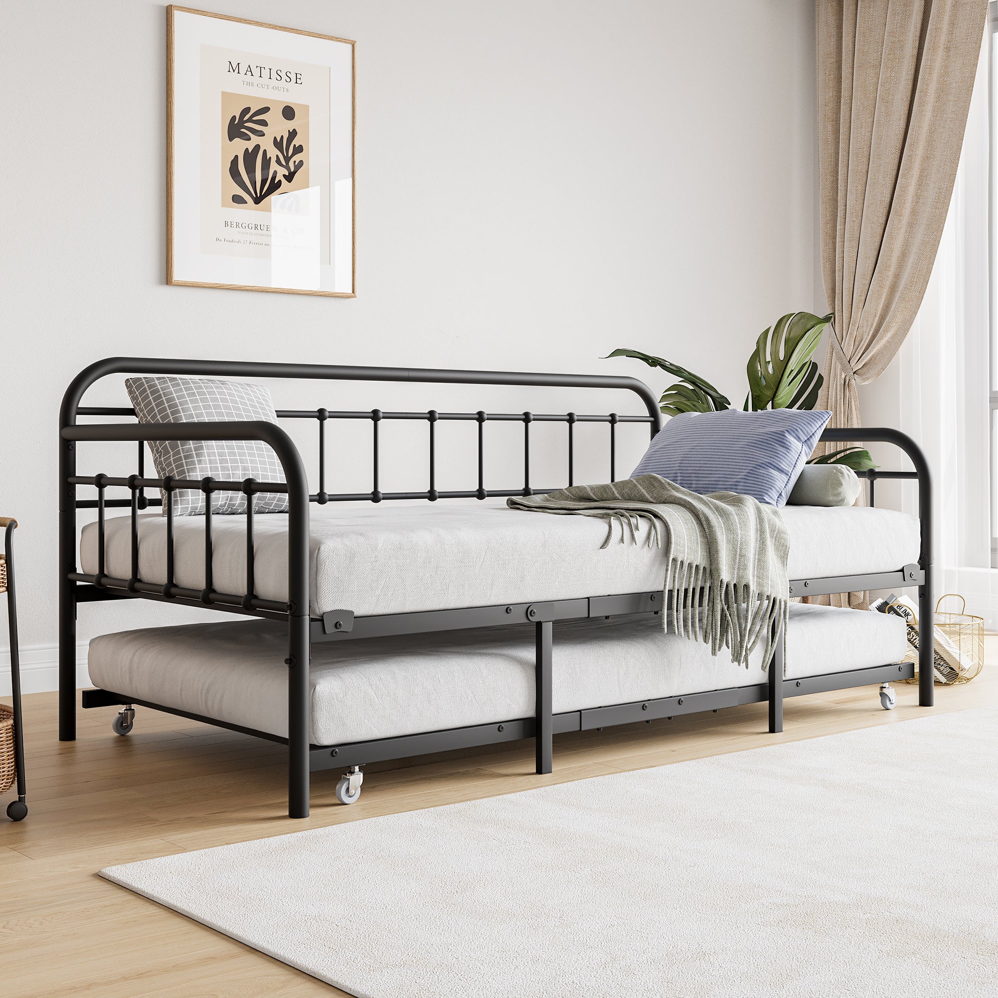 Twin Size Metal Daybed Frame with Trundle, Heavy Duty Steel Slat Support Sofa Bed Platform with Headboard, No Box Spring Needed, Black - Grand Goldman Shop