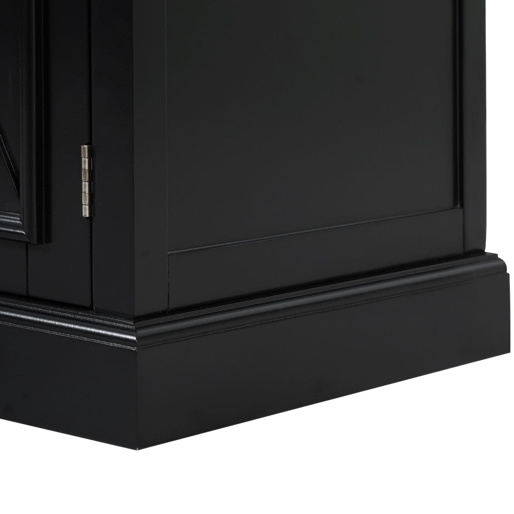 K&K 54.9' Kitchen Island with Drop Leaf, Power Outlet, Kitchen Storage Cart with 4 Door Shelves, Cross Barn Doors & Visual Glass Door, Rolling Kitchen Island on 4 Wheels for Kitchen, Dining Room,Black - Grand Goldman Shop