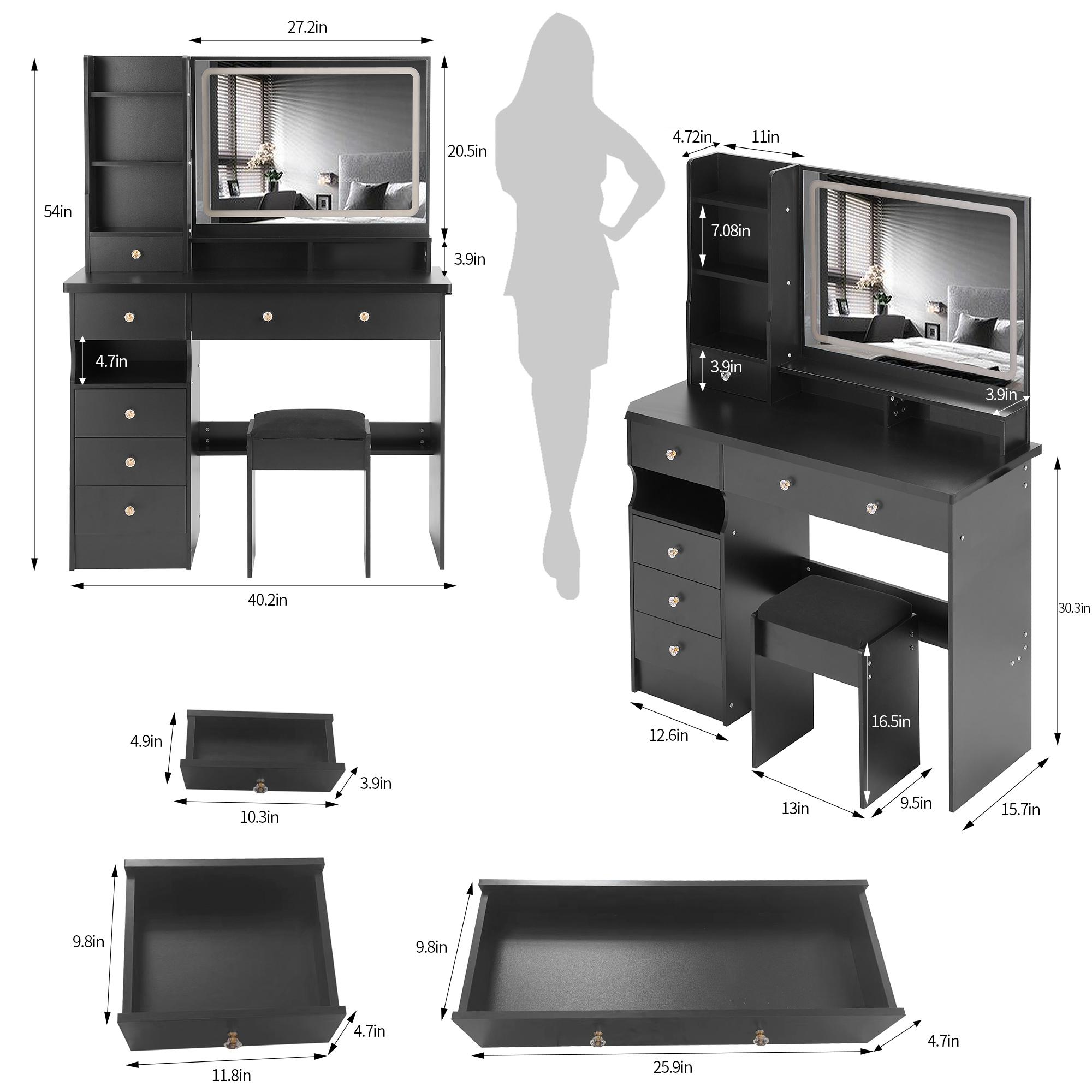 41' Large Sized Desktop Vanity Table + Cushioned Stool, Oversized desktop, Large Touch Control LED Mirror, 3-color Switch, Multi Layer High Capacity Storage Fashion Dresser, EPA, GCC, UL Certificate - Grand Goldman Shop