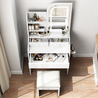 Modern Vanity Desk with Adjustable LED Lights, Mirror, Hair Dryer Holder & Chair in White MDF, 3-Drawer Storage Set - Grand Goldman Shop