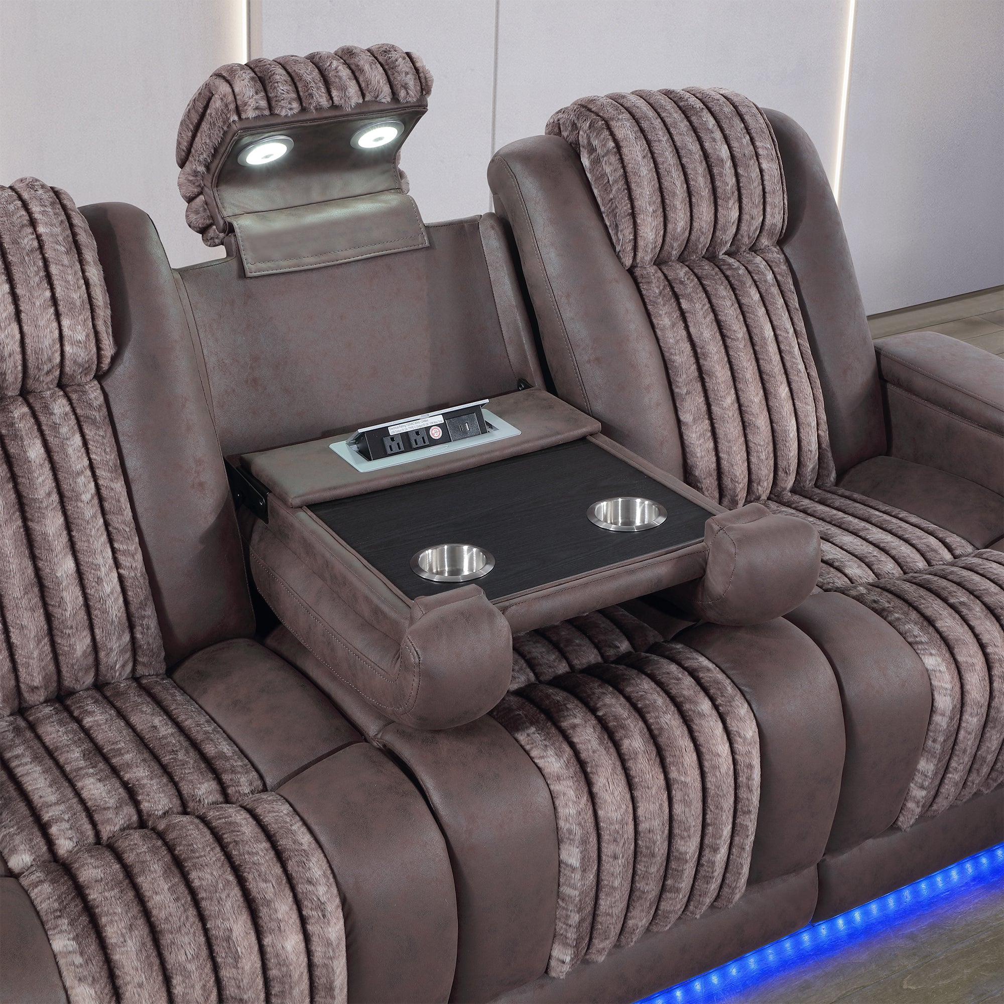 Duran Brown Power Reclining Sofa and Loveseat with Power Headrest, LED Lighting, USB Charging, and Bluetooth Speaker - Brown Wood Finish - Grand Goldman Shop