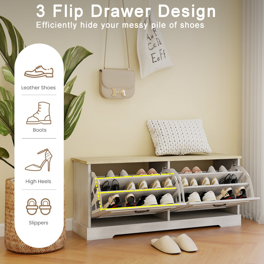 Shoe Storage Bench with 2 Flip Drawers and Adjustable Shelf for Entryway, Hallway, Bedroom-Antique White - Grand Goldman Shop