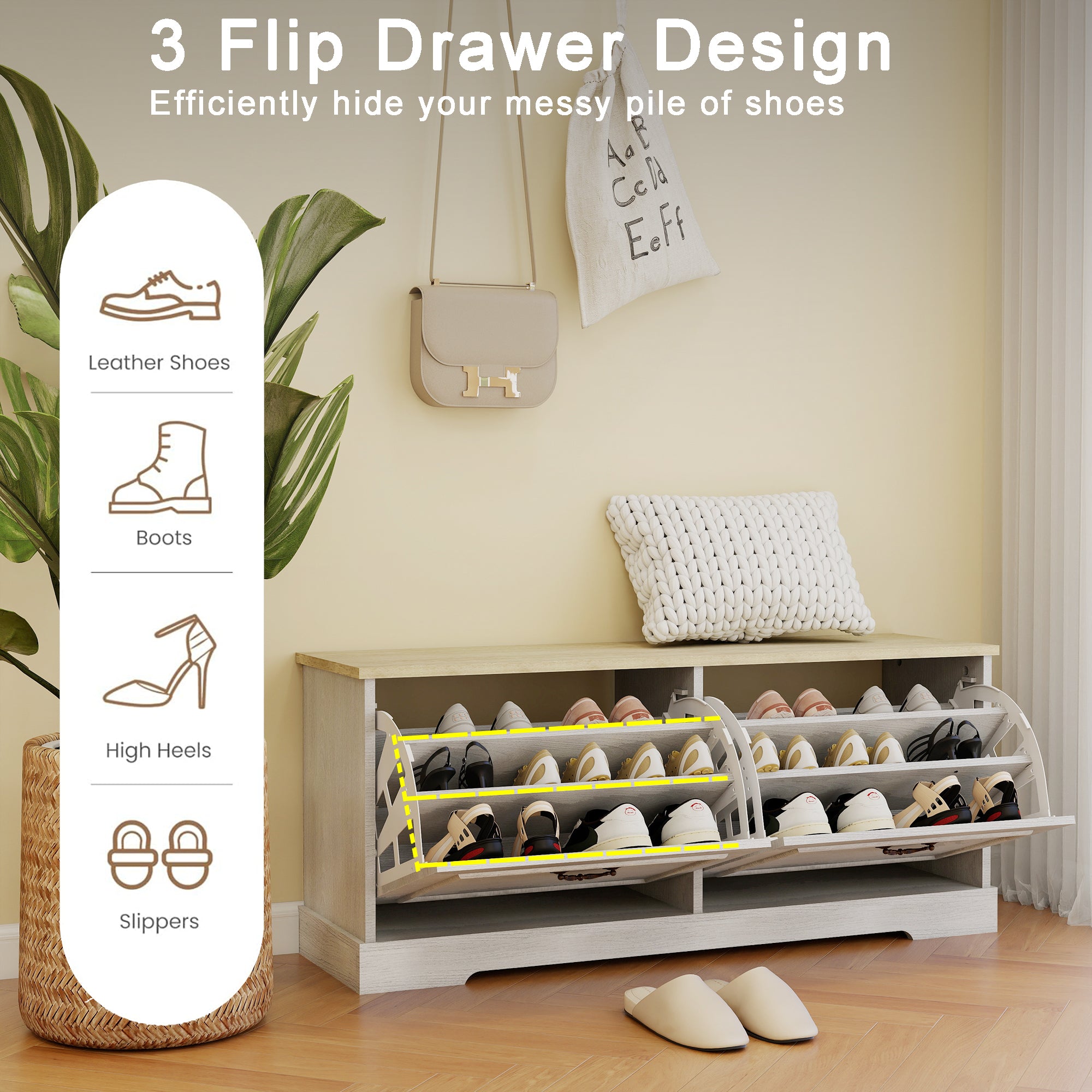 Shoe Storage Bench with 2 Flip Drawers and Adjustable Shelf for Entryway, Hallway, Bedroom-Antique White - Grand Goldman Shop